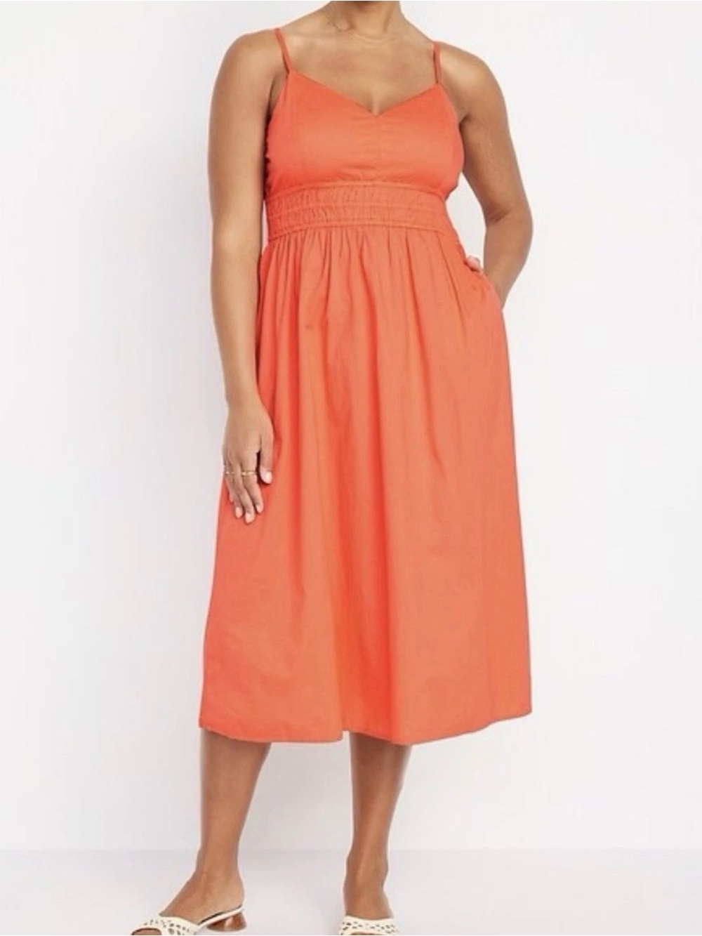 Old Navy Women’s Size XXL Waist Defined Cami Midi Dress Coral Smocking Pockets